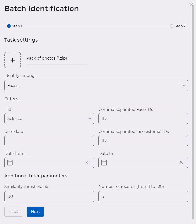 Form for creating a batch identification task