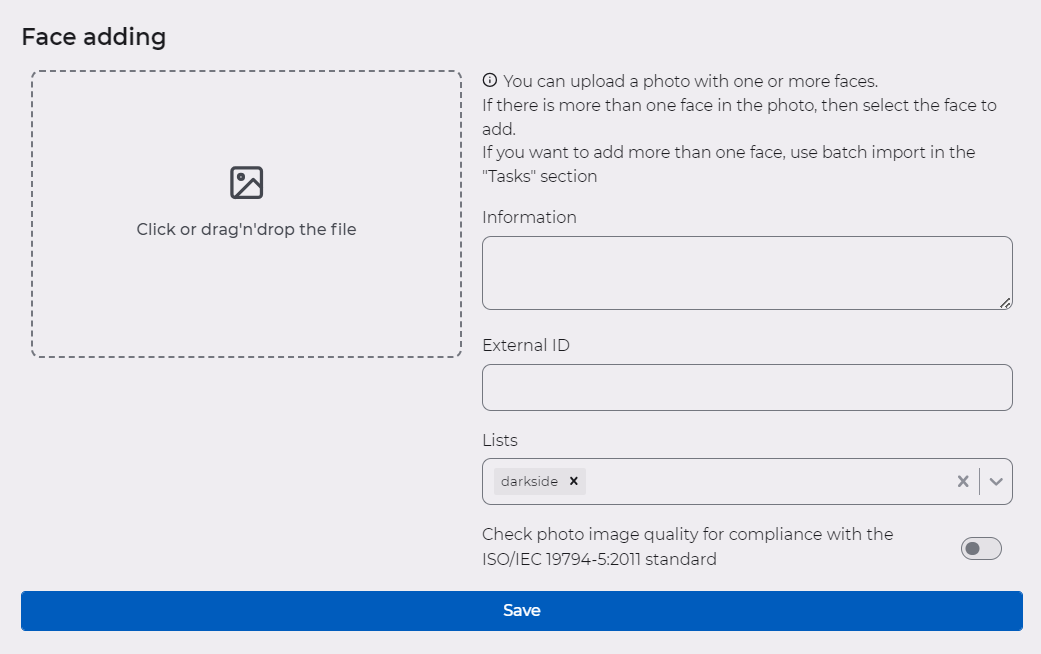 Form for adding a face