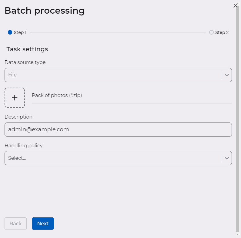 Form for creating a batch processing task