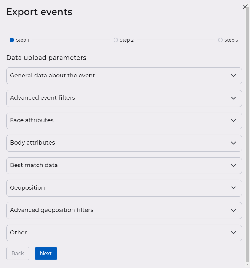 Form for creating an export events task